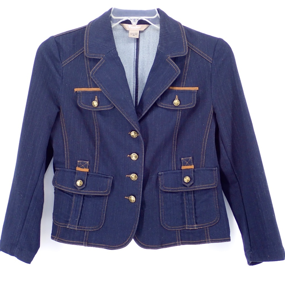 TanJay Women's Classic 6P Petite Blue Jean Jacket Short 4 Pocket L/S Gold Stitch